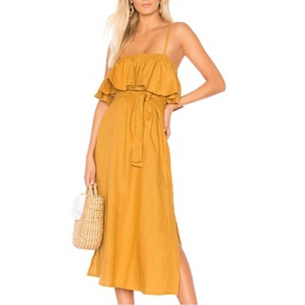 Faithfull The Brand- Mustard Yellow Linen Ruffle Santo Midi Sleeveless Dress